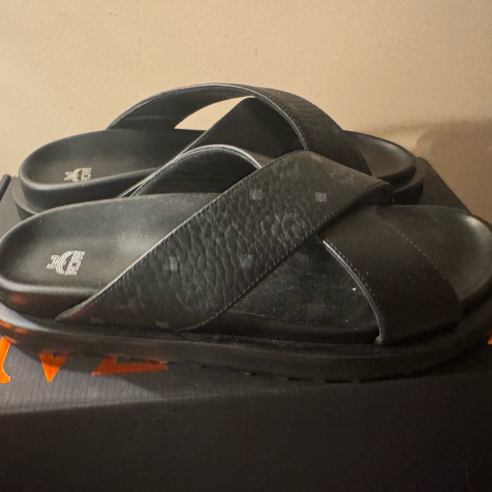 Authentic MCM Black Leather Slide Sandals